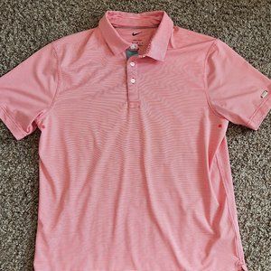 Nike Men's Salmon Red and White Horizontal Striped Golf Polo Shirt Size M
